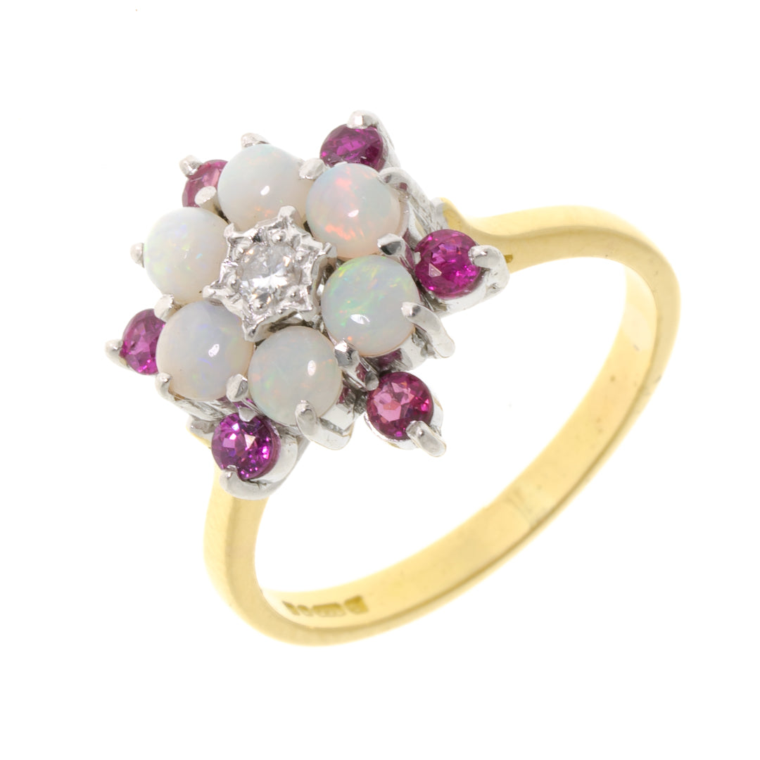Pre Owned 18ct Yellow Gold Diamond, Opal and Ruby Set Cluster Ring