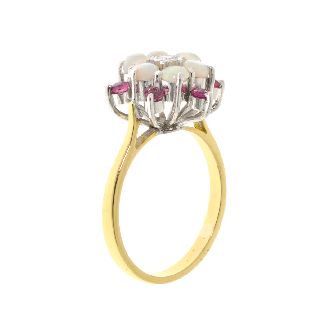 Pre Owned 18ct Yellow Gold Diamond, Opal and Ruby Set Cluster Ring