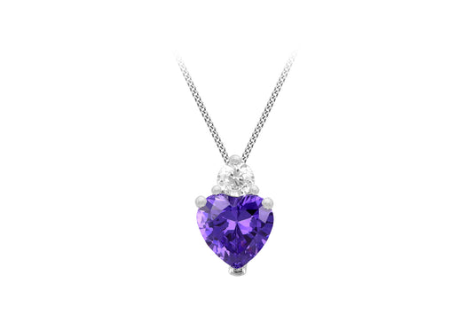 Sterling Silver White and Purple Curbic Zirconia Heart Drop Stud Pendant