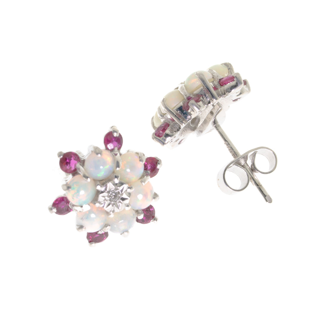Pre Owned 18ct White Gold Diamond, Opal and Ruby Set Cluster Stud Earrings