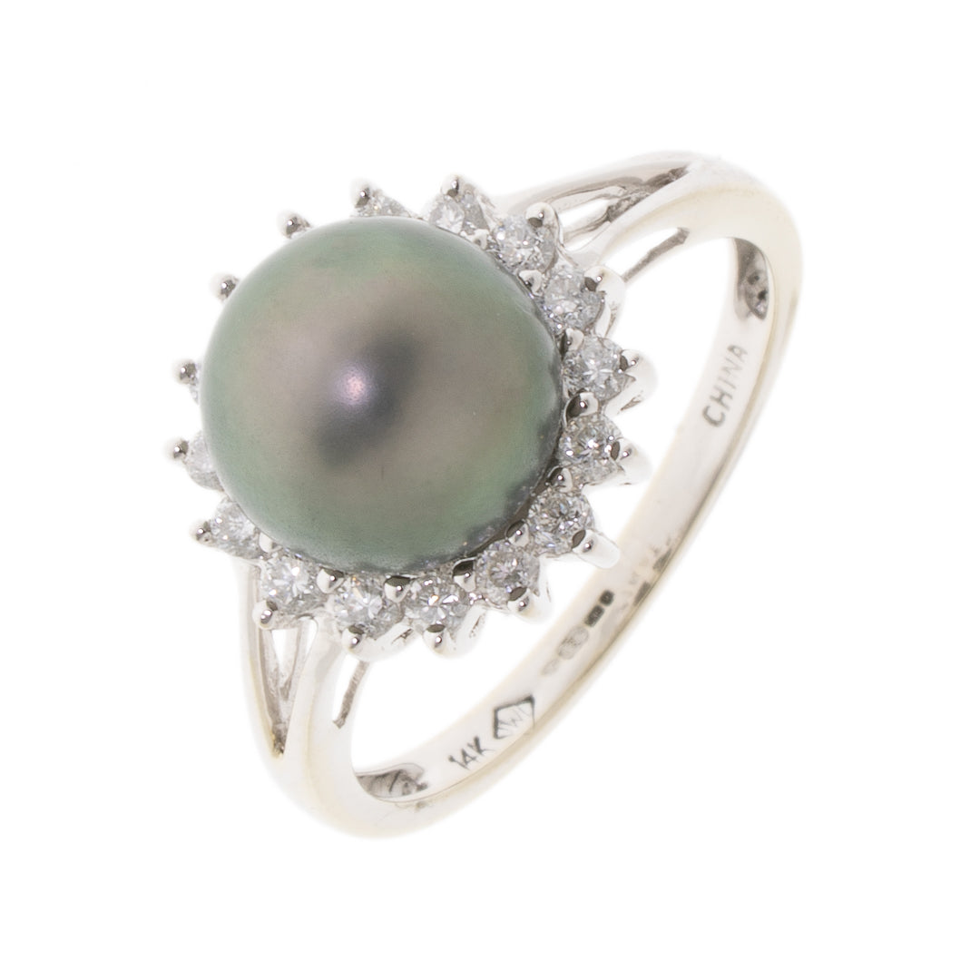 Pre Owned 14ct White Gold Diamond And Pearl Ring