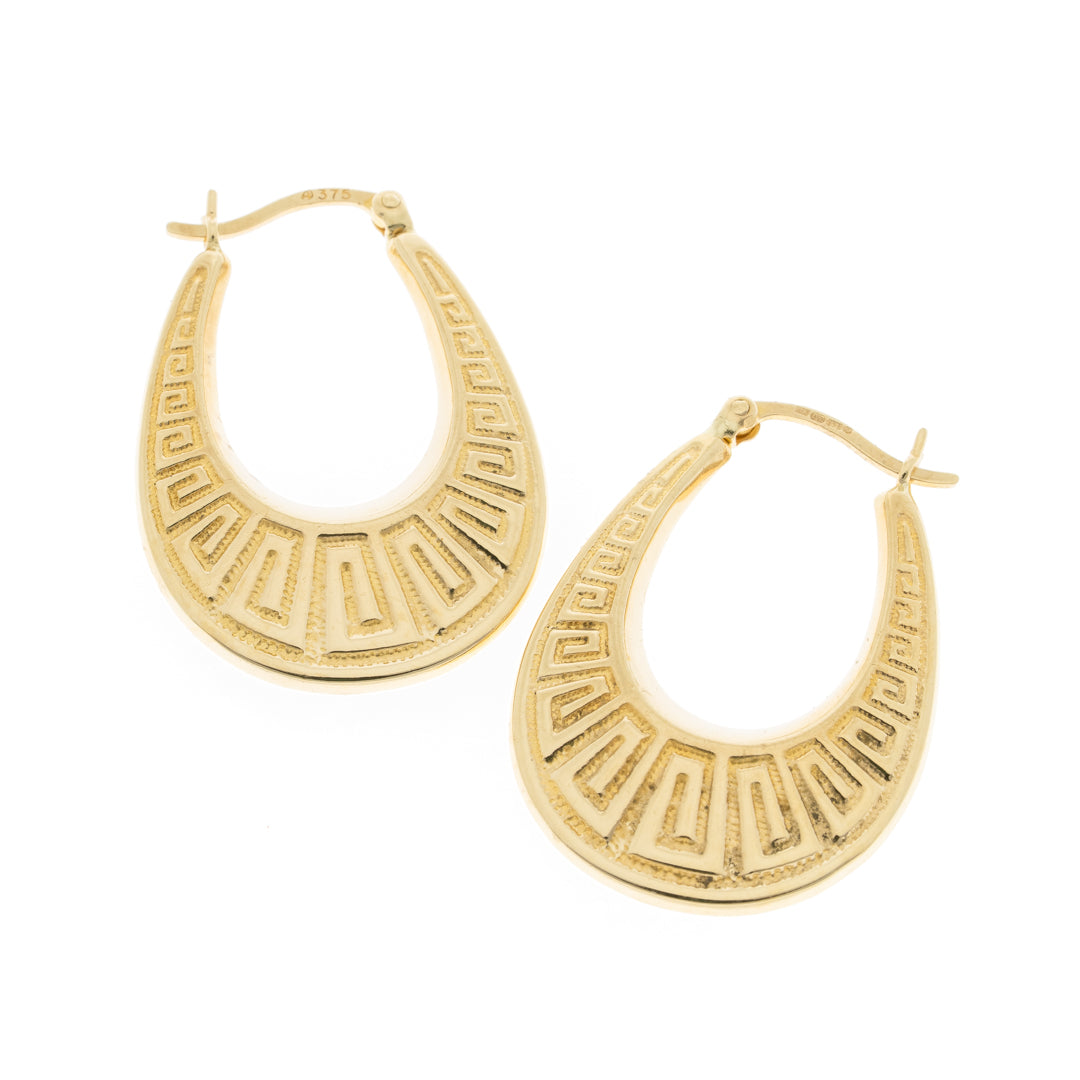 Pre Owned 9ct Gold Greek Style Pattern Creole Earrings