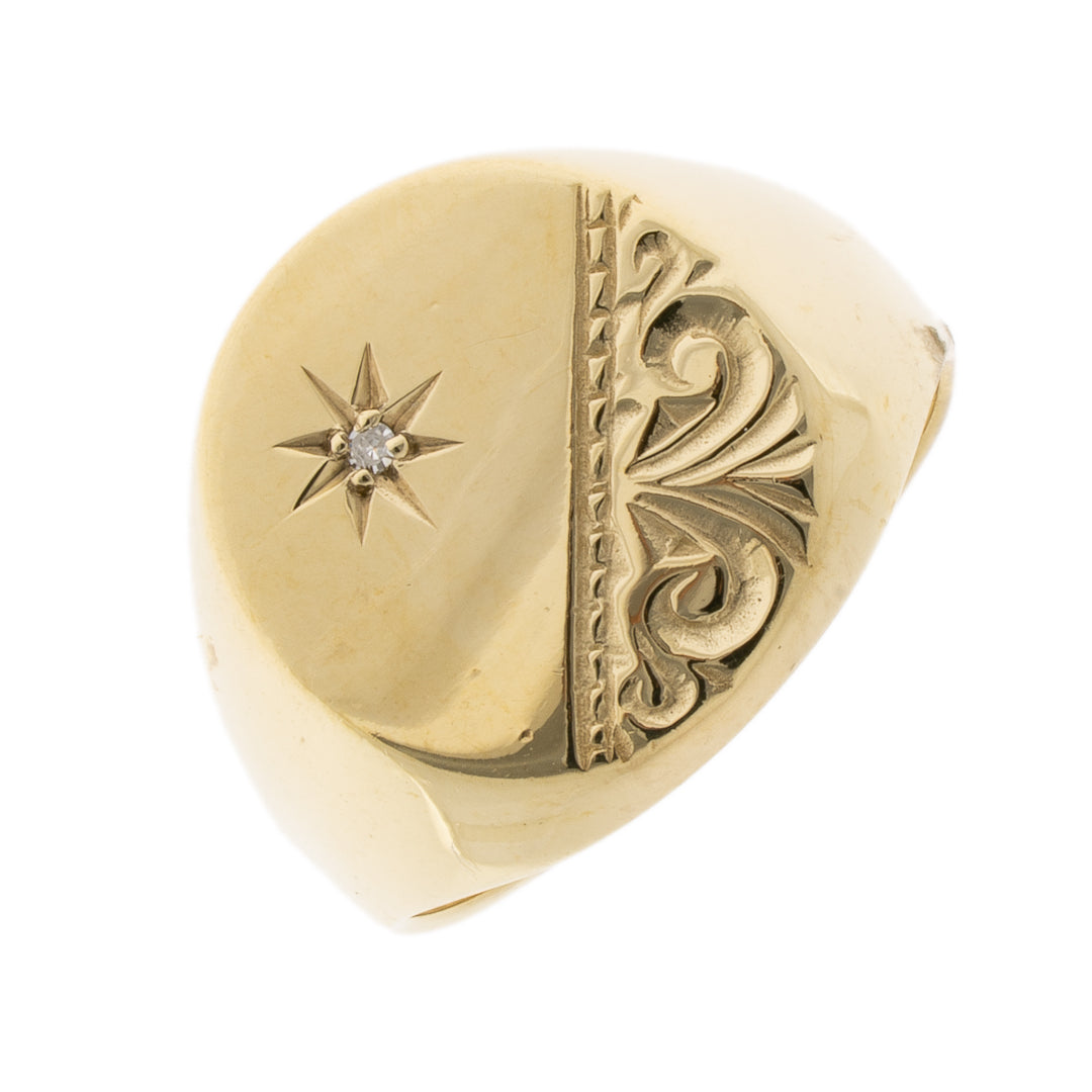 Pre Owned 9ct Gold Part Pattern Diamond Set Signet Ring