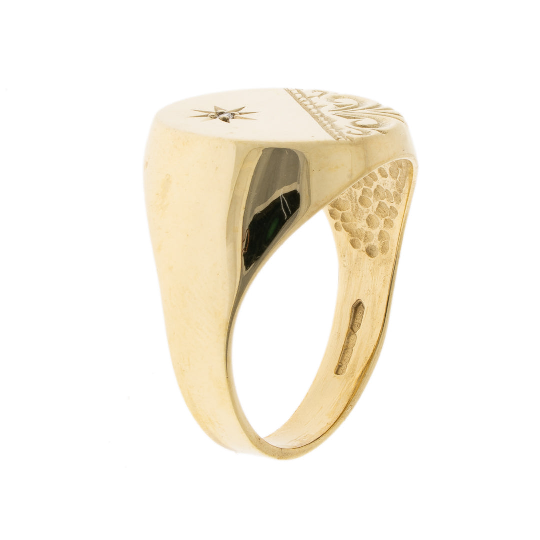 Pre Owned 9ct Gold Part Pattern Diamond Set Signet Ring
