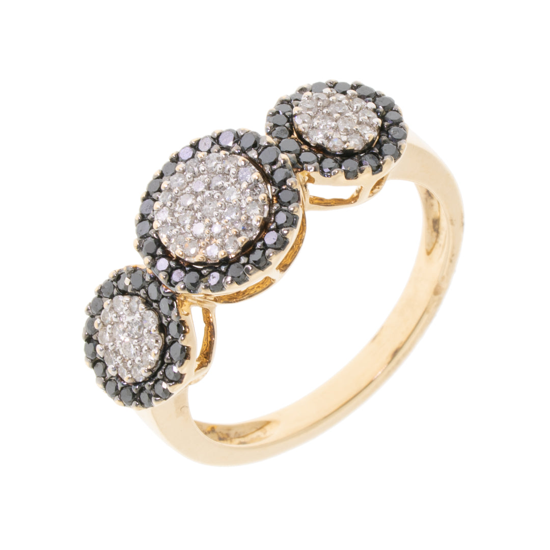 Pre-Owned 9ct Gold Black and White Diamond Triple Cluster Ring