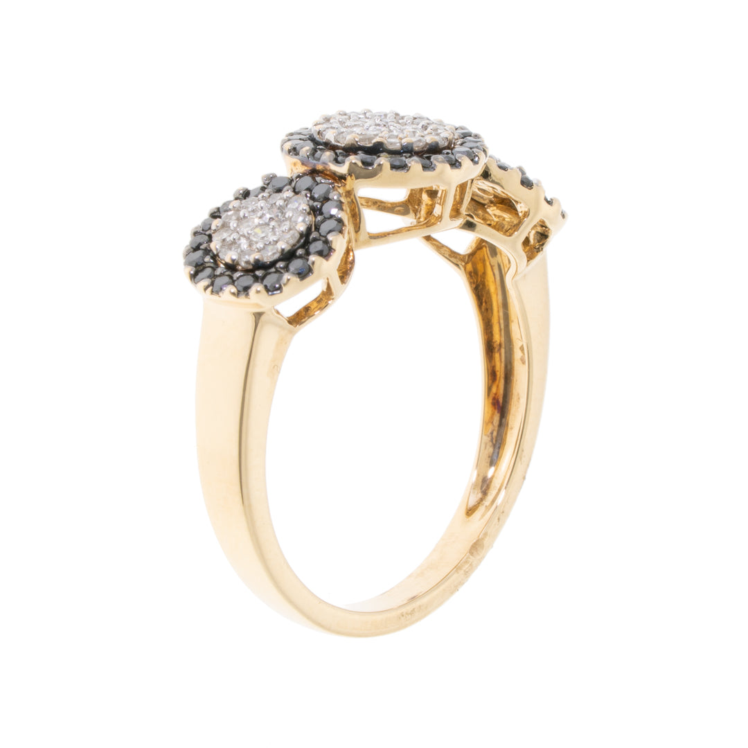 Pre-Owned 9ct Gold Black and White Diamond Triple Cluster Ring