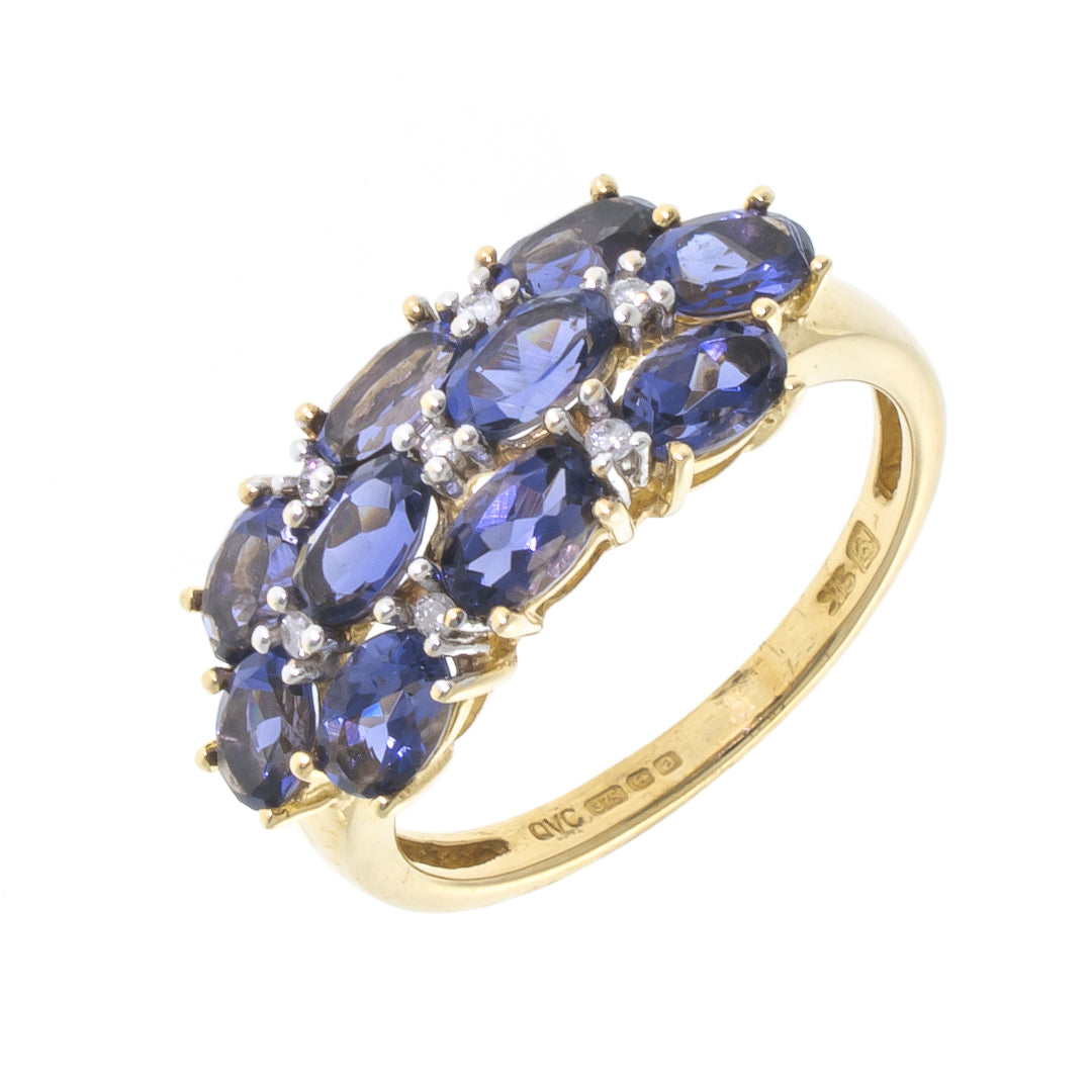 Pre Owned 9ct Gold Fancy oval Diamond Synthetic Tanzanite Ring