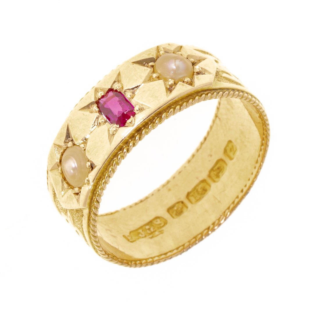 Pre Owned 18ct Gold Ruby And Pearl Fancy Ring
