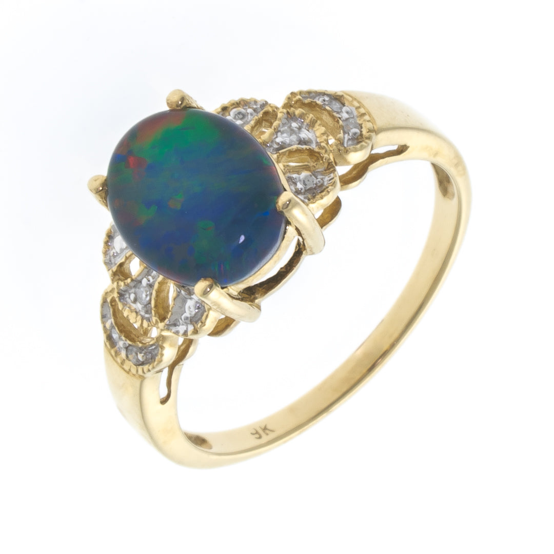 Pre Owned 9ct Gold Oval Doublet Opal With 6 Diamond Ring