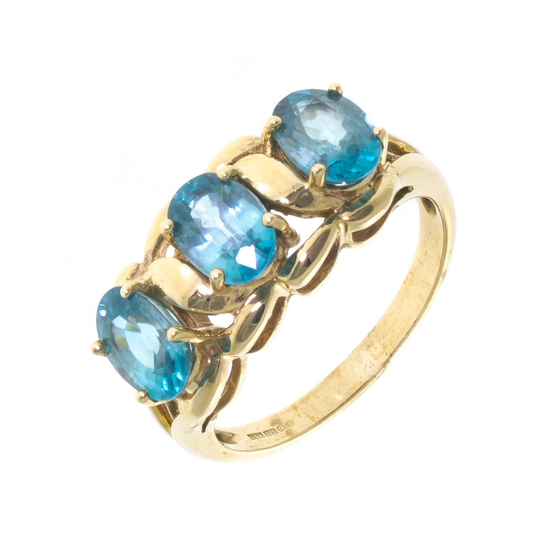Pre Owned 9ct Gold 3 Stone Oval Blue Topaz Ring