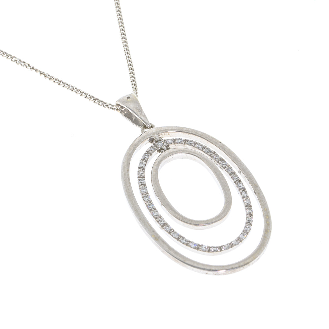 9ct White Gold Oval Circles Diamond Set Pendant and Chain