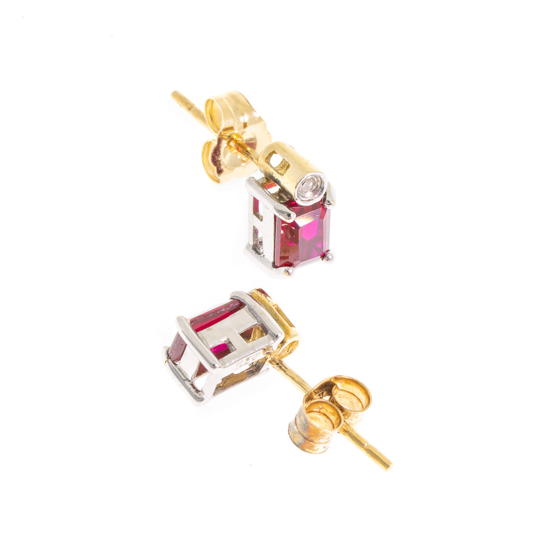 Preowned 9ct Gold Diamond & SyntheticRuby Stud Earrings