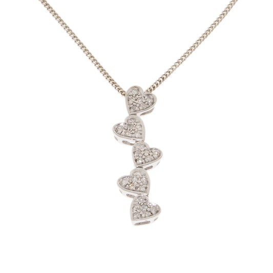 Pre Owned 9ct White Gold 5xDiamond Hearts 18"White 9ct Gold Chain