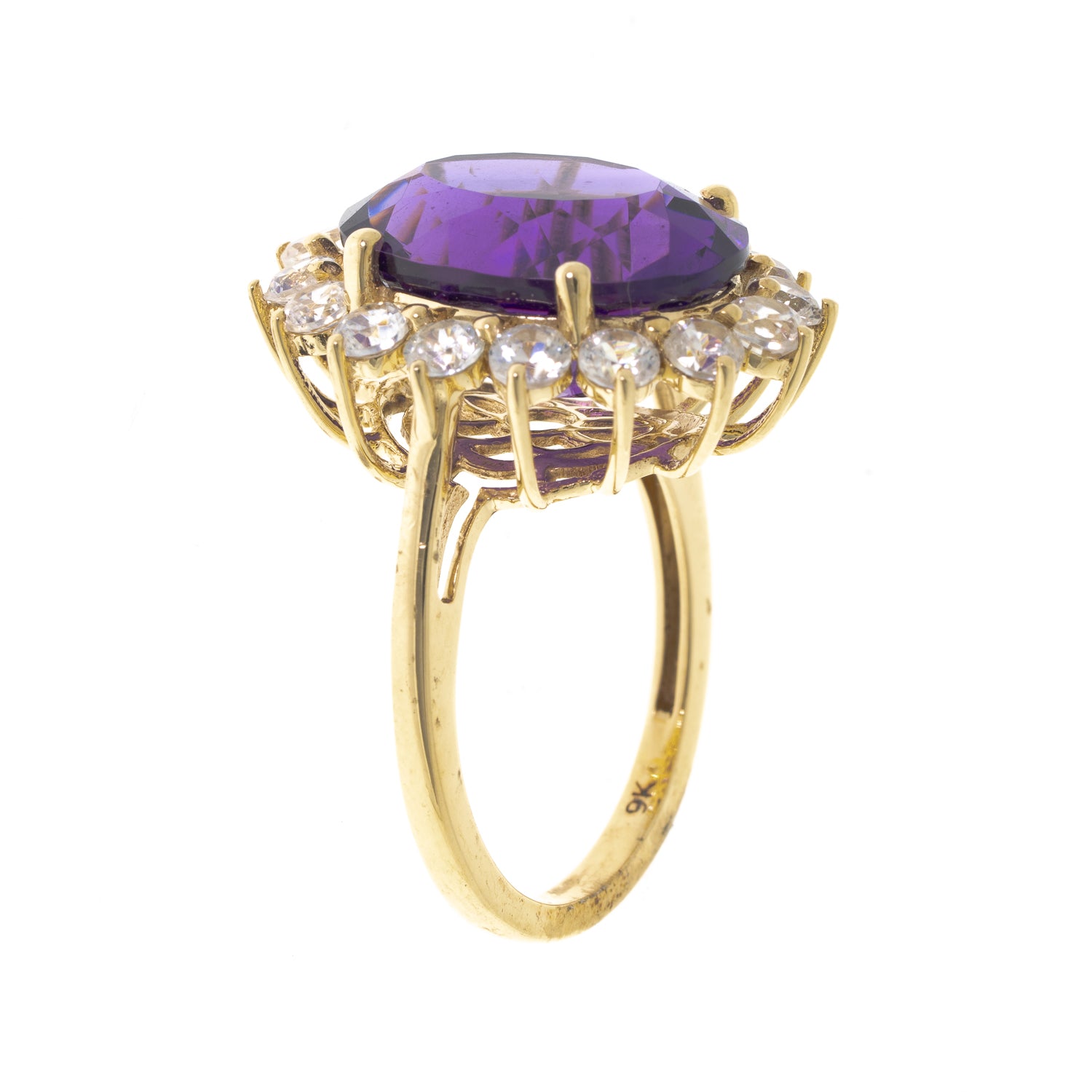 Pre Owned 9ct Yellow Gold Large Amethyst and Cubic Zirconia Cluster Ring