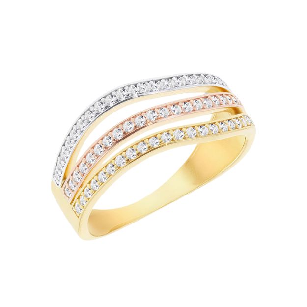 9ct 3-Colour Gold  CZ Wave Ring