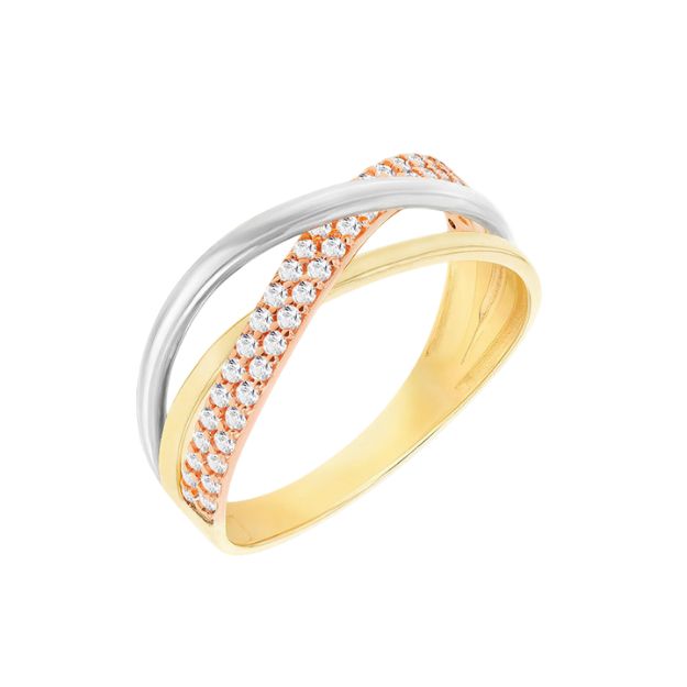 9ct 3-Colour Gold CZ Crossover Ring