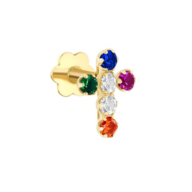 9ct Yellow Gold Multi Coloured CZ Cross Labret Stud