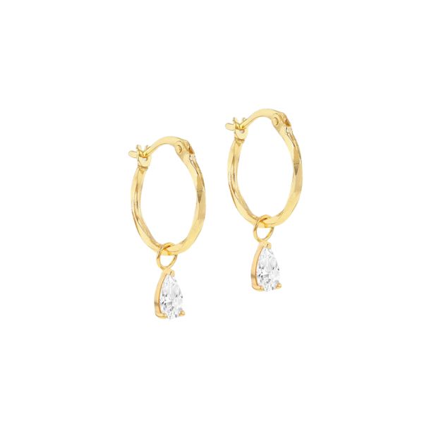 9ct Yellow Gold Pear CZ Diamond Cut Creole Hoop Earring