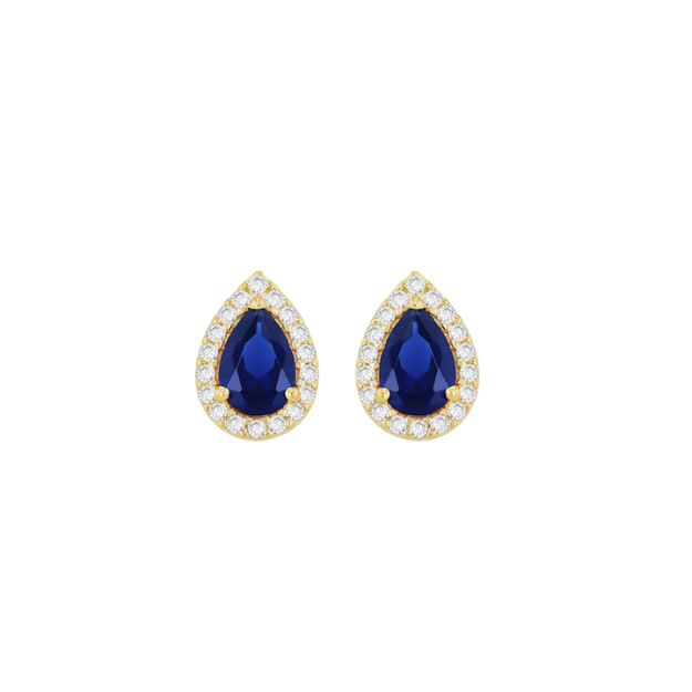 9ct Yellow Gold Blue Pear Shaped CZ Halo Stud Earring
