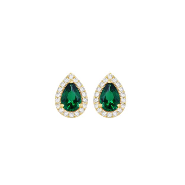 9ct Yellow Gold Green Pear Shaped CZ Halo Stud Earring