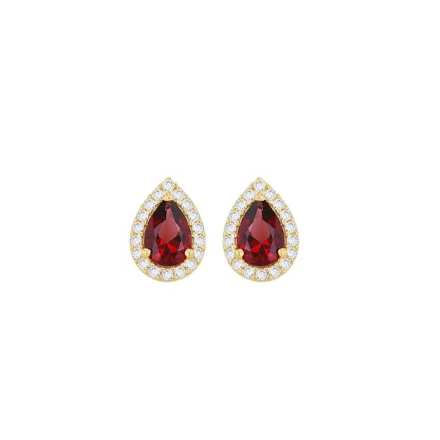 9ct Yellow Gold Red Pear Shaped CZ Halo Stud Earring
