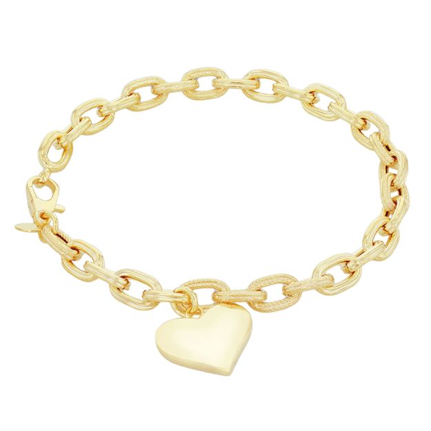 9ct Yellow Gold Textured and Polished Ovel Link Bracelet with Polished Heart Charm