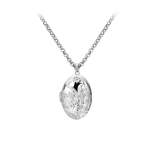 Sterling Silver Hot Diamonds Oval Engraved Locket and Chain