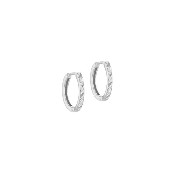 Sterling Silver Rhodium Plated Diamond Cut Huggie Hoop Earring