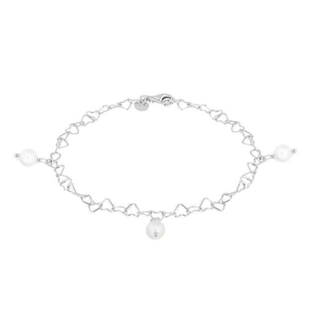 Sterling Silver Rhodium Plated Open Heart Link Bracelet with Simulated Pearl Droplets