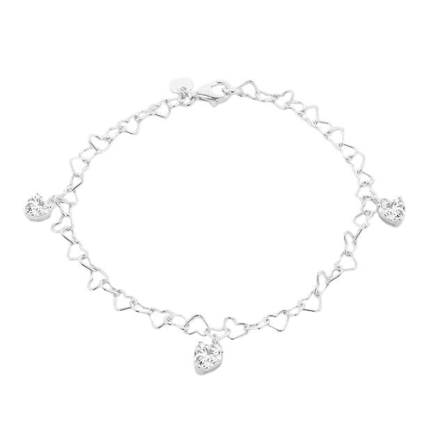 Sterling Silver Rhodium Plated Open Heart Link Bracelet with CZ Heart Droplets