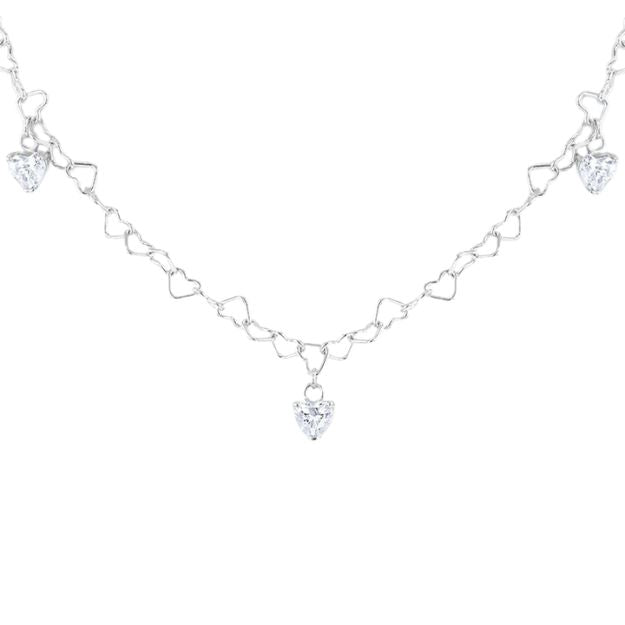 Sterling Silver Rhodium Plated Open Heart Link Necklace with CZ Heart Droplets