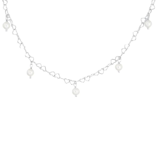 Sterling Silver Rhodium Plated Open Heart Link Necklace with Simulated Pearl Droplets