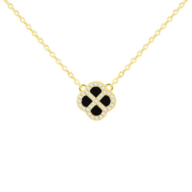 Sterling Silver Yellow Gold Plated Clover Black Agate and White CZ Adjustable Necklace