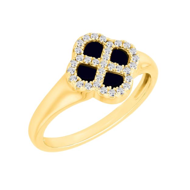 Sterling Silver Yellow Gold Plated Clover Black Agate and White CZ  Ring