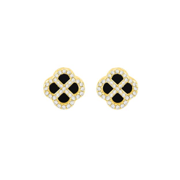 Sterling Silver Yellow Gold Plated Clover Black Agate and White CZ  Stud Earrings