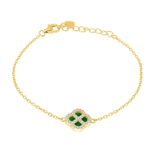 Sterling Silver Yellow Gold Plated Clover Malachite and White CZ Adjustable Bracelet