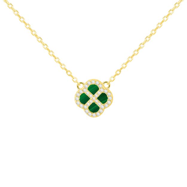 Sterling Silver Yellow Gold Plated Clover Malachite and White CZ Adjustable Necklace