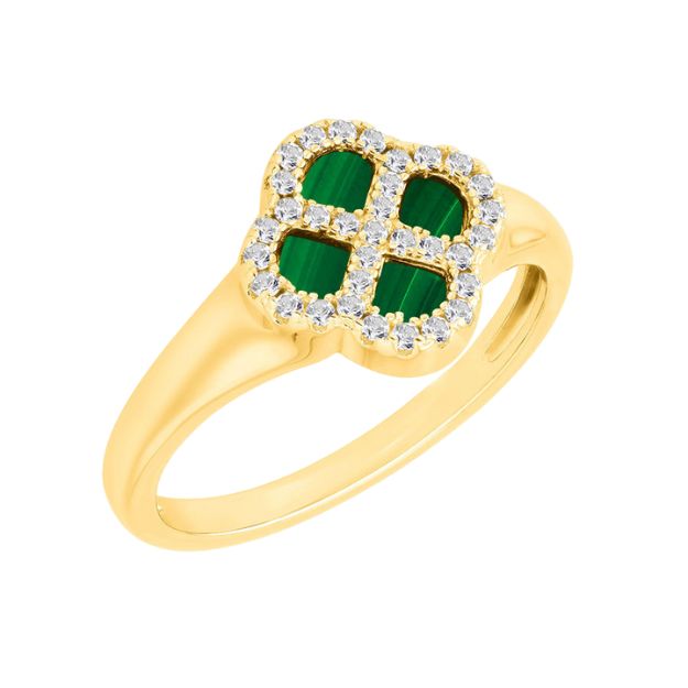 Sterling Silver Yellow Gold Plated Clover Malachite and White CZ Ring