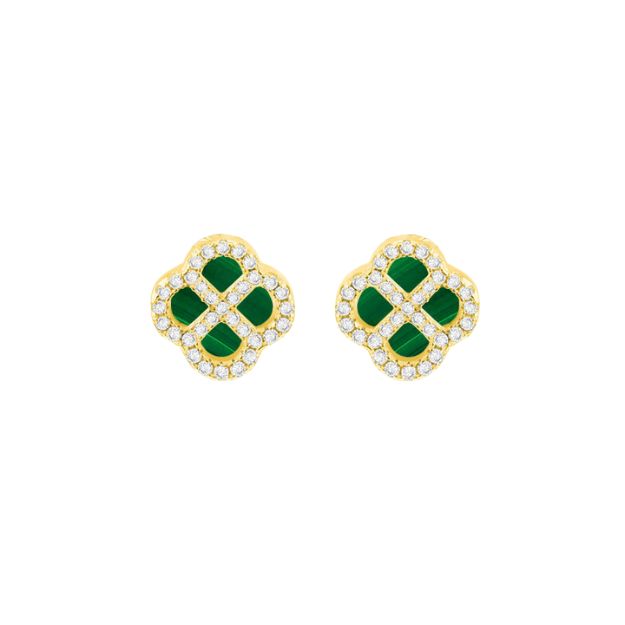 Sterling Silver Yellow Gold Plated Clover Malachite and White CZ Stud Earrings 8.59.1923