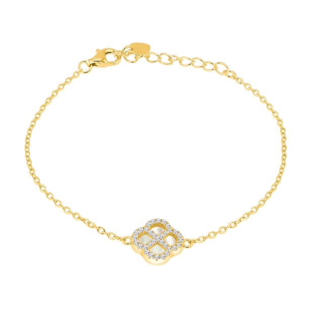 Sterling Silver Yellow Gold Plated Clover Mother Of Pearl and White CZ Adjustable Bracelet