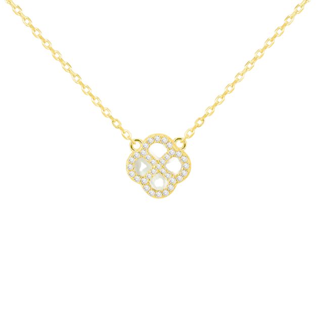 Sterling Silver Yellow Gold Plated Clover Mother Of Pearl and White CZ Adjustable Necklace