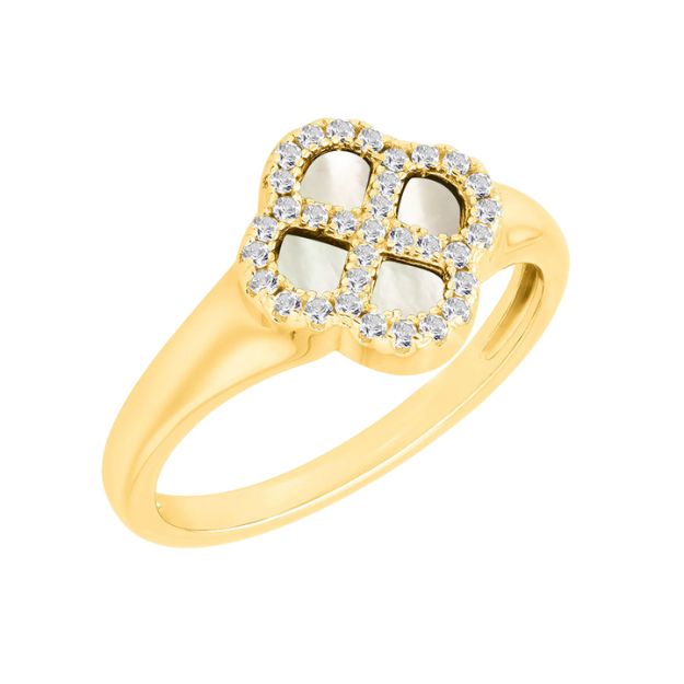 Sterling Silver Yellow Gold Plated Clover Mother Of Pearl and White CZ Ring