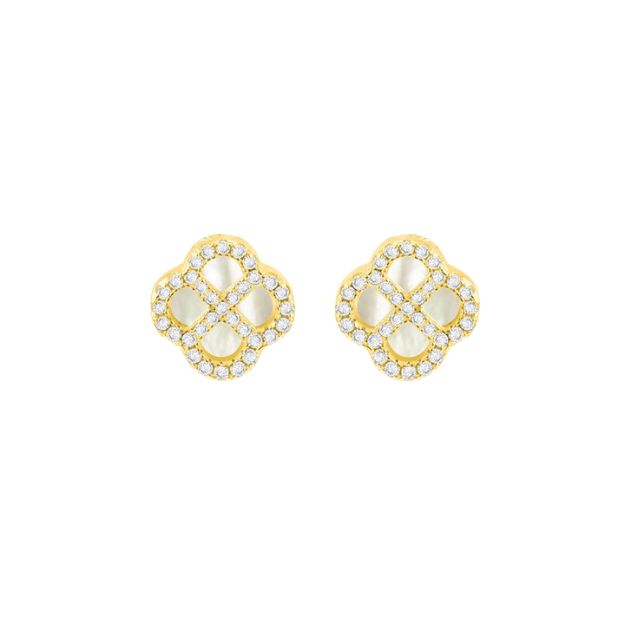 Sterling Silver Yellow Gold Plated Clover Mother Of Pearl and White CZ Stud Earrings