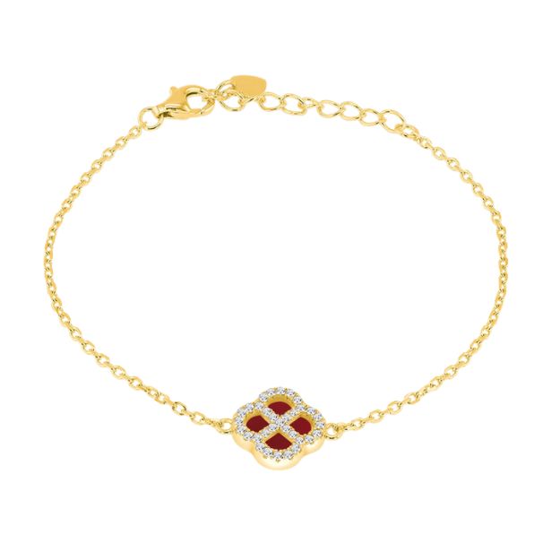 Sterling Silver Yellow Gold Plated Clover Red Agate and White CZ Adjustable  Bracelet