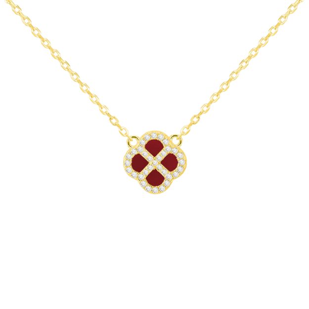 Sterling Silver Yellow Gold Plated Clover Red Agate and White CZ Adjustable Necklace