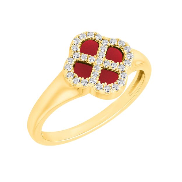 Sterling Silver Yellow Gold Plated Clover Red Agate and White CZ Ring