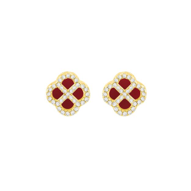 Sterling Silver Yellow Gold Plated Clover Red Agate and White CZ Stud Earrings