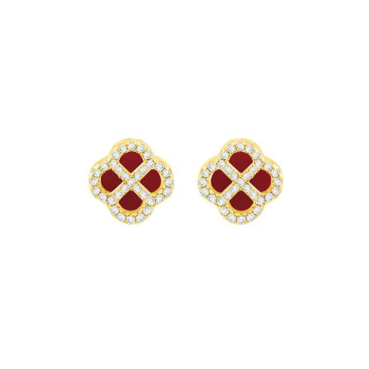 Sterling Silver Yellow Gold Plated Clover Red Agate and White CZ Stud Earrings