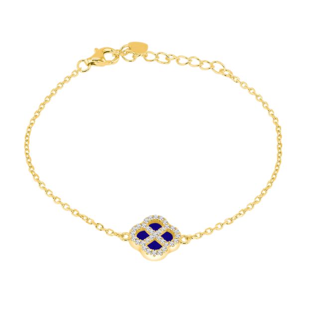 Sterling Silver Yellow Gold Plated Clover  Synthetic Blue Lazurite and White CZ Adjustable Bracelet