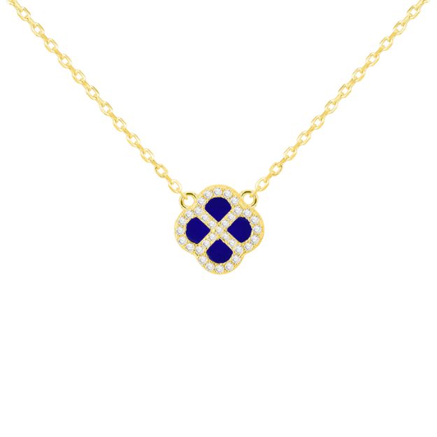 Sterling Silver Yellow Gold Plated Clover Synthetic Blue Lazurite and White CZ Adjustable Necklace
